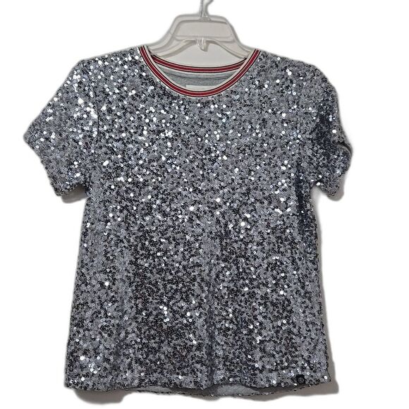 Treasure & Bond Tops - Treasure & Bond Silver Sequin Shirt Short Sleeve Juniors SZ XL 14/16 Holiday